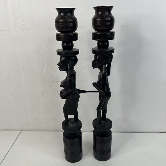 Pair of Vintage African Hand Carved Iron Wood Figural Sculptures Candle Sticks - Picture 11 of 15